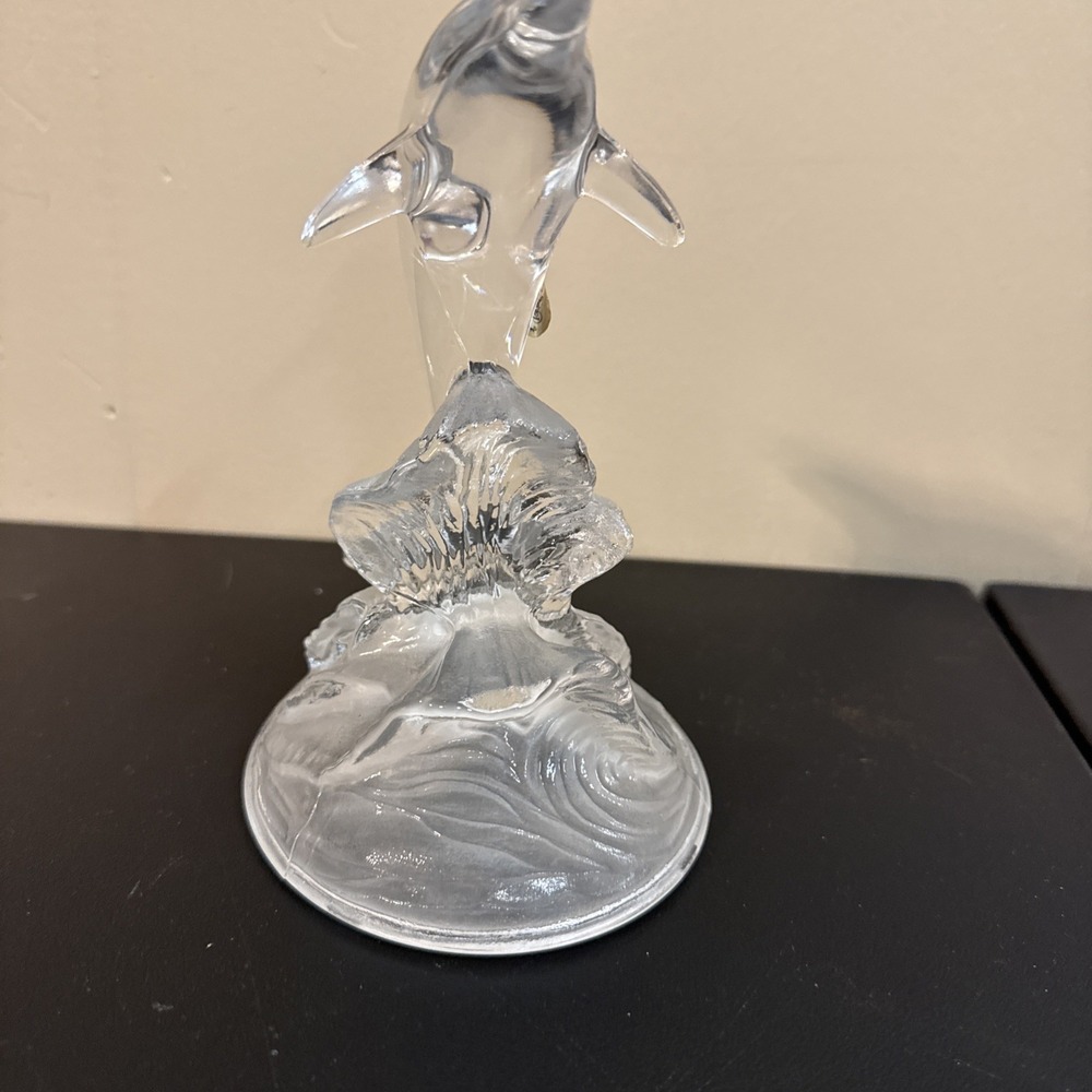Vintage Cristal D'Arques Crystal Dolphin Figurine on Frosted Glass Wave  6.5"